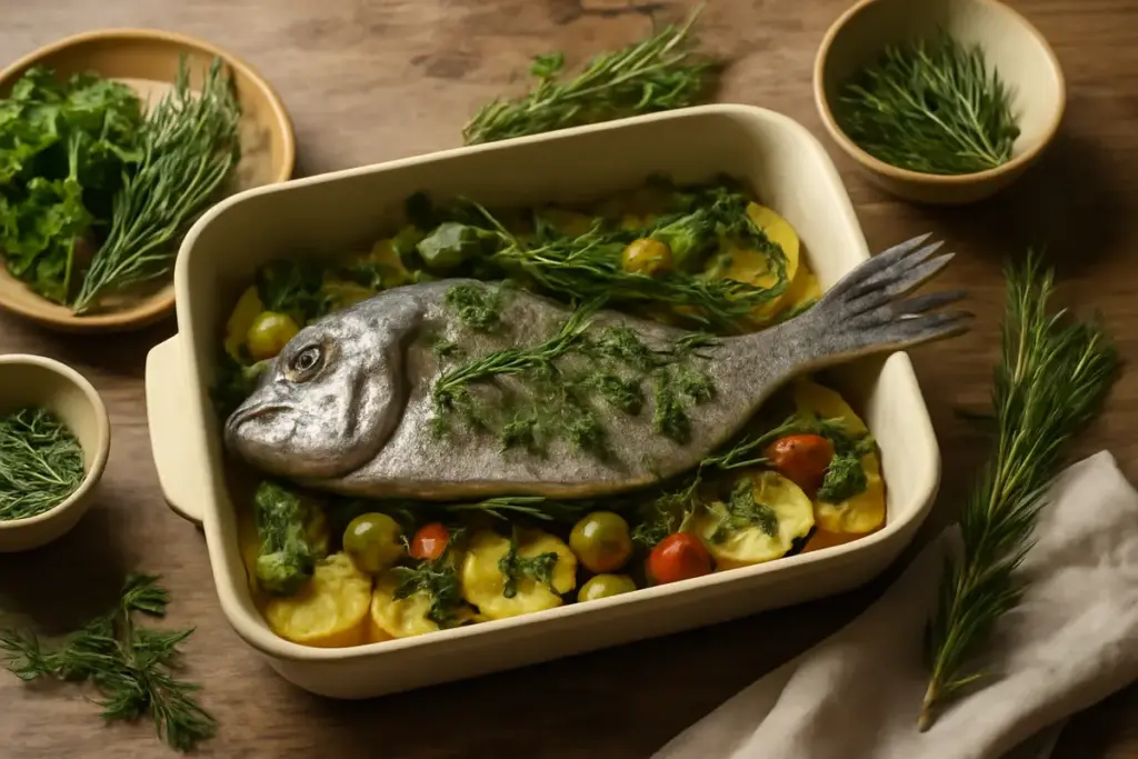 Besugo al forno alla ligure: le erbe tradizionali che aggiungono profumo e non coprono il pesce